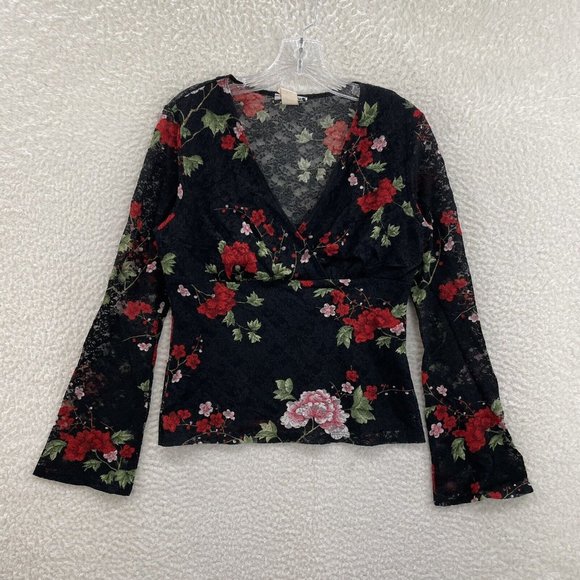 Fashion Bug Tops - 90s Y2K Vintage Fashion Bug Black Rose Floral Sheer Lace Top M L Medium Large
